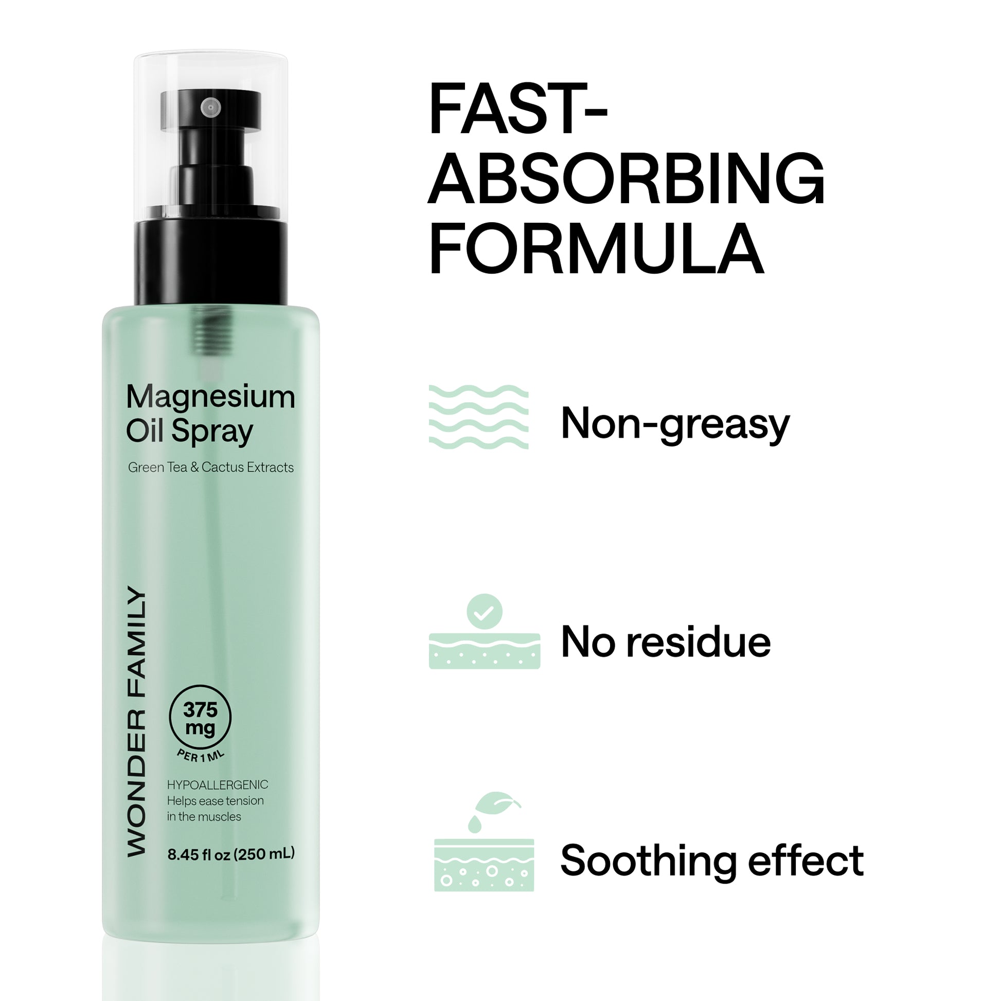 Magnesium spray bottle featuring a fast-absorbing formula with non-greasy application and soothing effects.