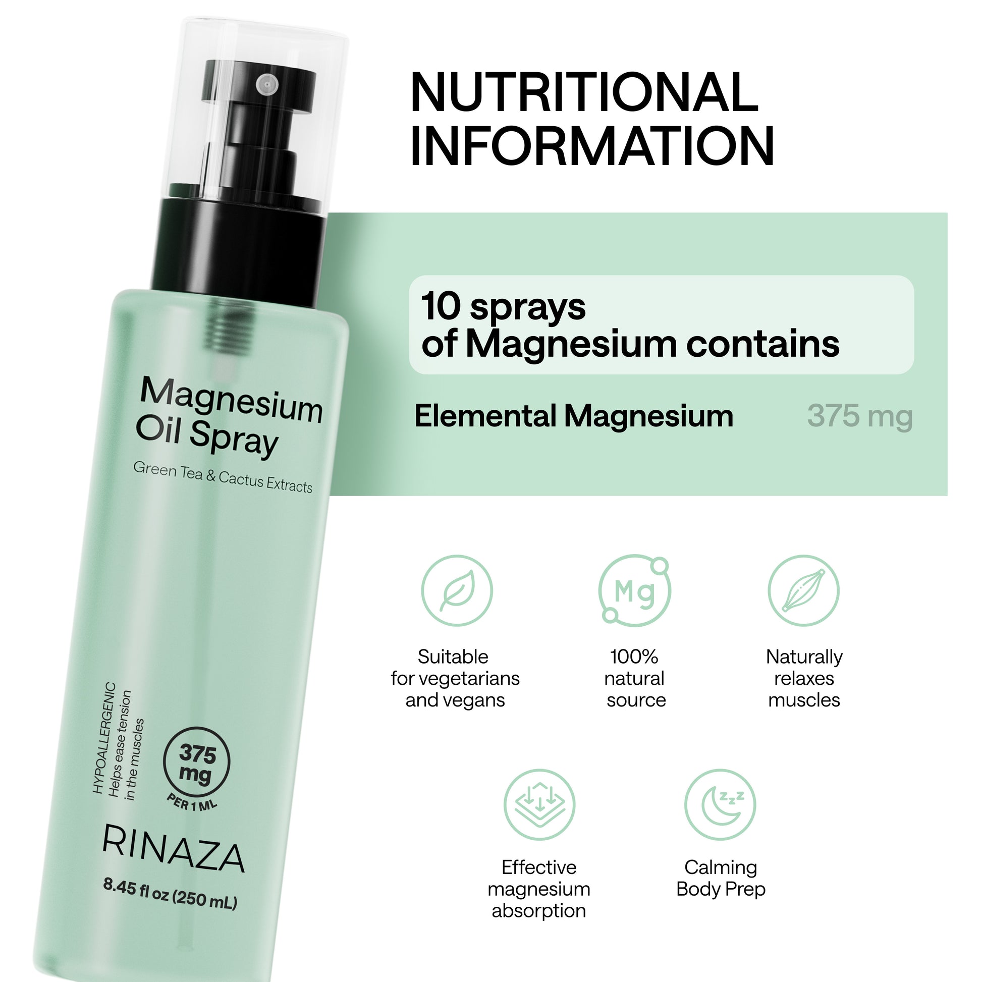 Magnesium spray bottle showcasing nutritional information and ingredients for effective magnesium absorption.