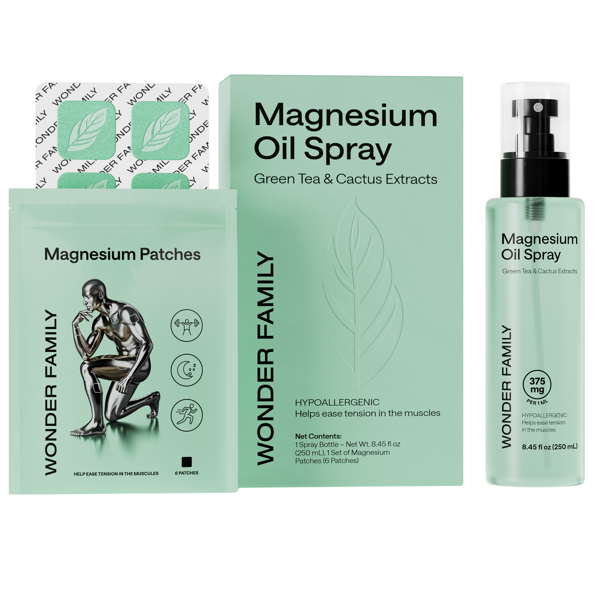Magnesium Spray and Patches for muscle relief and relaxation, including magnesium oil spray and moisturizing effect.