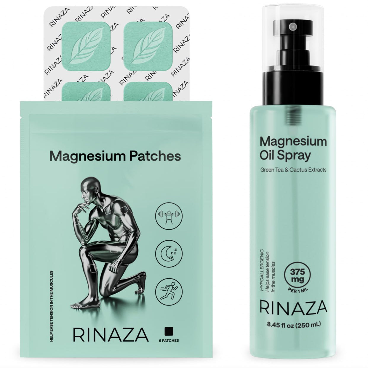 Magnesium spray and patches for muscle relief and relaxation, featuring Magnesium Spray and Magnesium Patches from RINAZA.